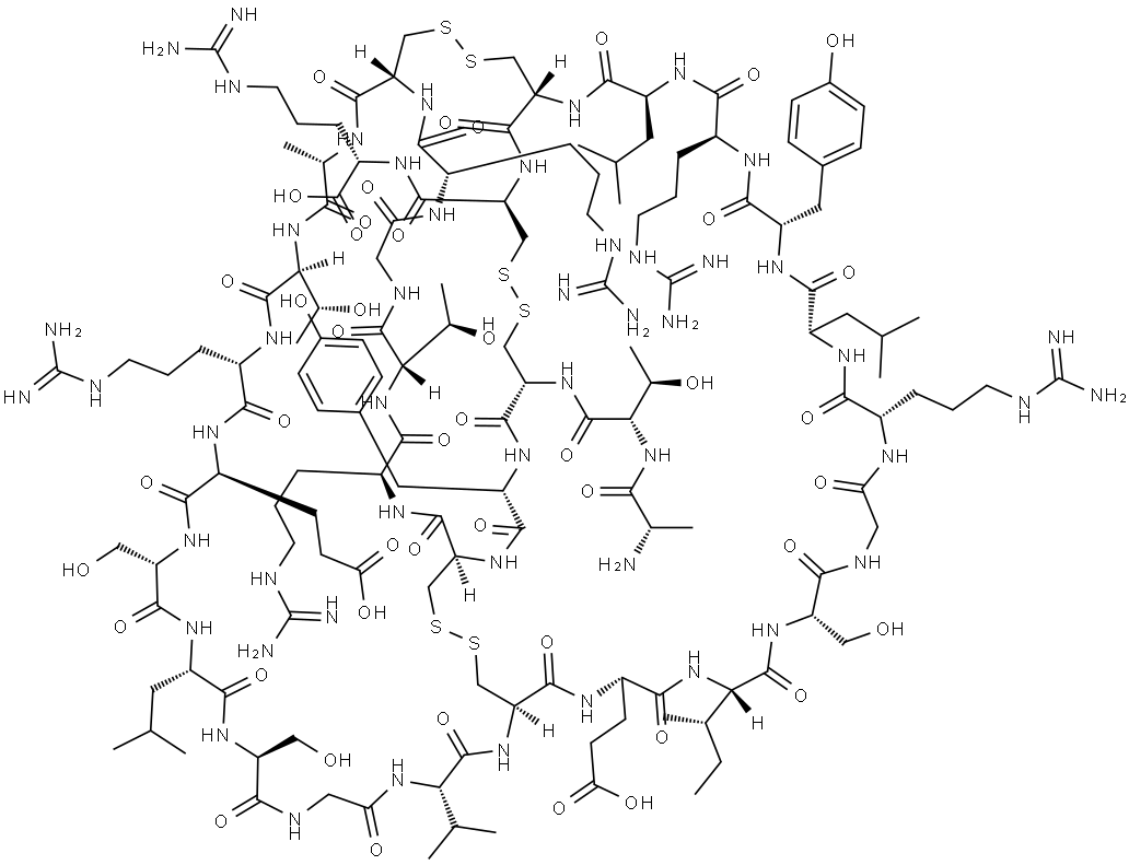 L-Arginine, L-alanyl-L-threonyl-L-cysteinyl-L-tyrosyl-L-cysteinyl-L-arginyl-L-threonylglycyl-L-arginyl-L-cysteinyl-L-alanyl-L-threonyl-L-arginyl-L-α-glutamyl-L-seryl-L-leucyl-L-serylglycyl-L-valyl-L-cysteinyl-L-α-glutamyl-L-isoleucyl-L-serylglycyl-L-arginyl-L-leucyl-L-tyrosyl-L-arginyl-L-leucyl-L-cysteinyl-L-cysteinyl-, cyclic (3→31),(5→20),(10→30)-tris(disulfide) Structure