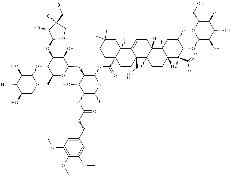 Olean-12-ene-23,28-dioic acid, 3-(β-D-glucopyranosyloxy)-2,27-dihydroxy-, 28-[O-D-apio-β-D-furanosyl-(1→3)-O-[β-D-xylopyranosyl-(1→4)]-O-6-deoxy-α-L-mannopyranosyl-(1→2)-6-deoxy-4-O-[1-oxo-3-(3,4,5-trimethoxyphenyl)-2-propenyl]-β-D-galactopyranosyl] ester, (2β,3β,4α)- 구조식 이미지