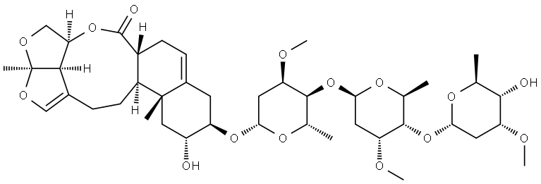 6H-2,3,5-Trioxapentaleno[1′,6′:5,6,7]cyclonona[1,2-a]naphthalen-6-one, 10-[(O-2,6-dideoxy-3-O-methyl-α-L-ribo-hexopyranosyl-(1→4)-O-2,6-dideoxy-3-O-methyl-β-L-ribo-hexopyranosyl-(1→4)-2,6-dideoxy-3-O-methyl-β-L-ribo-hexopyranosyl)oxy]-2a,4,4a,6a,7,9,10,11,12,12a,12b,13,14,14b-tetradecahydro-11-hydroxy-2a,12a-dimethyl-, (2aR,4aS,6aR,10R,11R,12aR,12bS,14bR)- Structure