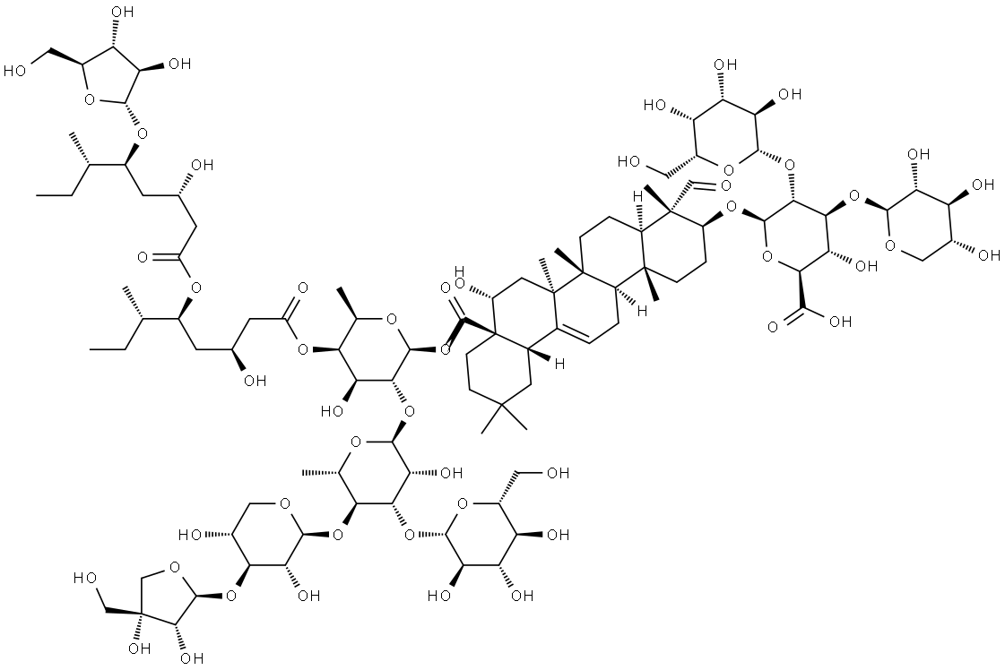 β-D-Glucopyranosiduronic acid, (3β,4α,16α)-28-[[O-D-apio-β-D-furanosyl-(1→3)-O-β-D-xylopyranosyl-(1→4)-O-[β-D-glucopyranosyl-(1→3)]-O-6-deoxy-α-L-mannopyranosyl-(1→2)-4-O-[(3S,5S,6S)-5-[[(3S,5S,6S)-5-(α-L-arabinofuranosyloxy)-3-hydroxy-6-methyl-1-oxooctyl]oxy]-3-hydroxy-6-methyl-1-oxooctyl]-6-deoxy-β-D-galactopyranosyl]oxy]-16-hydroxy-23,28-dioxoolean-12-en-3-yl O-β-D-galactopyranosyl-(1→2)-O-[β-D-xylopyranosyl-(1→3)]- Structure