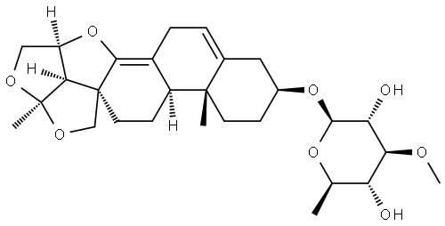 β-D-Glucopyranoside, (2aS,7S,9aR,9bR,11aR,13aS,13bR)-2,2a,6,7,8,9,9a,9b,10,11,13a,13b-dodecahydro-9a,13a-dimethyl-4H,12H-1,3,13-trioxacyclopenta[3,4]pentaleno[1,6a-a]phenanthren-7-yl 6-deoxy-3-O-methyl- Structure