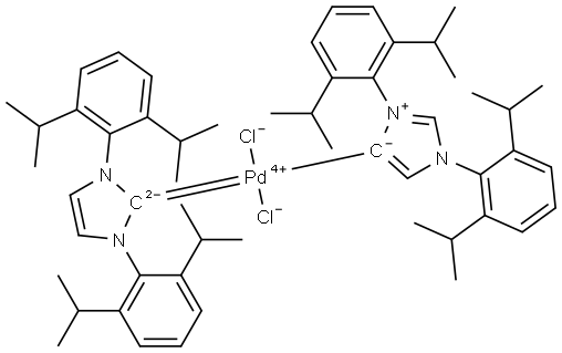 Palladium,[1,3-bis[2,6-bis(1-methylethyl)phenyl]-1,3-dihydro-2H-imidazol-2-ylidene][1,3-bis[2,6-bis(1-methylethyl)phenyl]-1H-imidazolium-4-yl]dichloro-, (SP-4-1)- (9CI) Structure