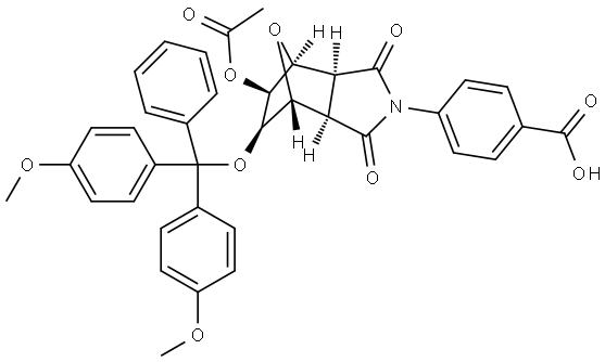 4-((3aR,4R,5R,6S,7S,7aS)-5-acetoxy-6-(bis(4-methoxyphenyl)(phenyl)methoxy)-1,3-dioxohexahydro-1H-4,7-epoxyisoindol-2(3H)-yl)benzoic acid Structure