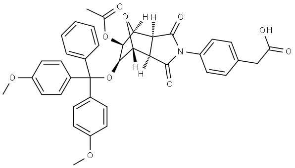 2-(4-((3aR,4R,5R,6S,7S,7aS)-5-acetoxy-6-(bis(4-methoxyphenyl)(phenyl)methoxy)-1,3-dioxohexahydro-1H-4,7-epoxyisoindol-2(3H)-yl)phenyl)acetic acid Structure