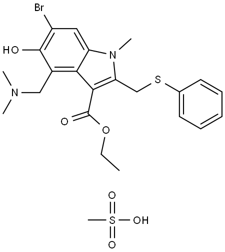 1H-Indole-3-carboxylic acid, 6-bromo-4-[(dimethylamino)methyl]-5-hydroxy-1-methyl-2-[(phenylthio)methyl]-, ethyl ester, methanesulfonate (1:1) Structure