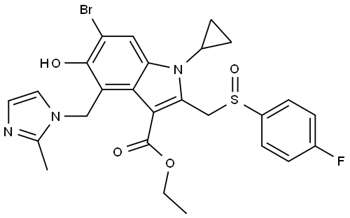 1H-Indole-3-carboxylic acid, 6-bromo-1-cyclopropyl-2-[[(4-fluorophenyl)sulfinyl]methyl]-5-hydroxy-4-[(2-methyl-1H-imidazol-1-yl)methyl]-, ethyl ester Structure