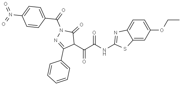 N-(6-ETHOXY-1,3-BENZOTHIAZOL-2-YL)-2-[1-(4-NITROBENZOYL)-5-OXO-3-PHENYL-4,5-DIHYDRO-1H-PYRAZOL-4-YL]-2-OXOACETAMIDE 구조식 이미지