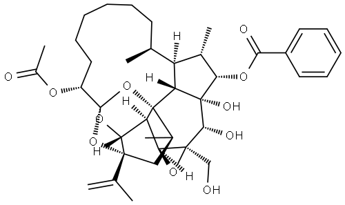 2H-1,6:2,6-Diepoxybenz[7,8]oxireno[5,6]azuleno[8,1-bc]oxacyclotridecin-7,16,16a,17-tetrol, eicosahydro-17a-(hydroxymethyl)-4,14,15-trimethyl-2-(1-methylethenyl)-, 7-acetate 16-benzoate, (1R,2R,4R,4aR,6S,7R,14R,14aS,15S,16S,16aS,16bR,17S,17aR,18aS,18bS)- (9CI) Structure