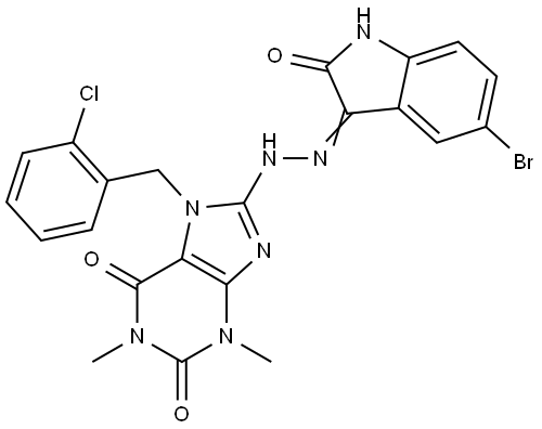 8-[(2Z)-2-(5-BROMO-2-OXO-1,2-DIHYDRO-3H-INDOL-3-YLIDENE)HYDRAZINO]-7-(2-CHLOROBENZYL)-1,3-DIMETHYL-3,7-DIHYDRO-1H-PURINE-2,6-DIONE Structure