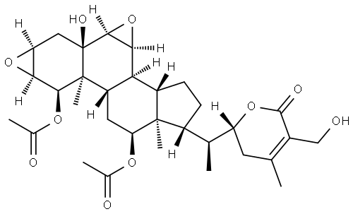 Ergost-24-en-26-oic acid, 1,12-bis(acetyloxy)-1,2:6,7-diepoxy-5,22,27-trihydroxy-, δ-lactone, (1α,2α,3α,5α,6α,7α,12α,22R)- Structure