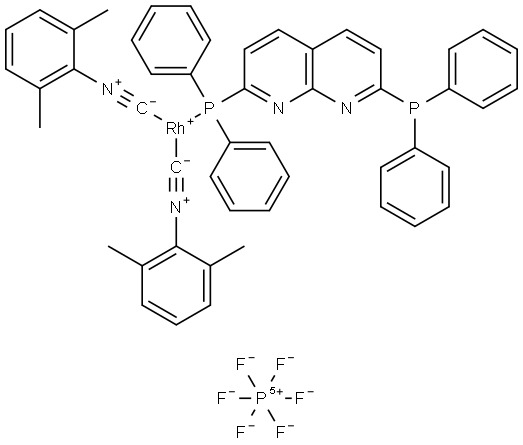 Rhodium(1+), [2-(diphenylphosphino-κP)-7-(diphenylphosphino)-1,8-naphthyridine]bis[2-(isocyano-κC)-1,3-dimethylbenzene]-, hexafluorophosphate(1-) (1:1) Structure