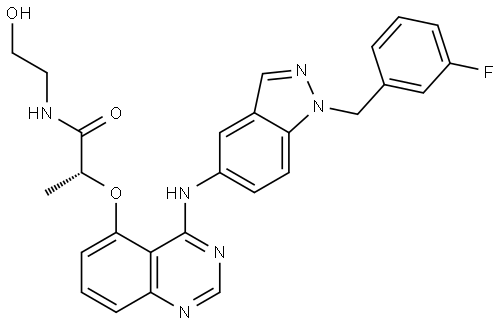 (R)-2-((4-((1-(3-fluorobenzyl)-1H-indazol-5-yl)amino)quinazolin-5-yl)oxy)-N-(2-hydroxyethyl)propanamide Structure