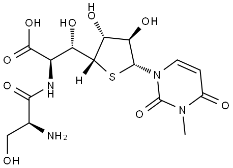 L-glycero-α-L-ido-Heptofuranuronic acid, 6-[(2-amino-3-hydroxy-1-oxopropyl)amino]-1,6-dideoxy-1-(3,4-dihydro-3-methyl-2,4-dioxo-1(2H)-pyrimidinyl)-4-thio-, (S)- (9CI) Structure