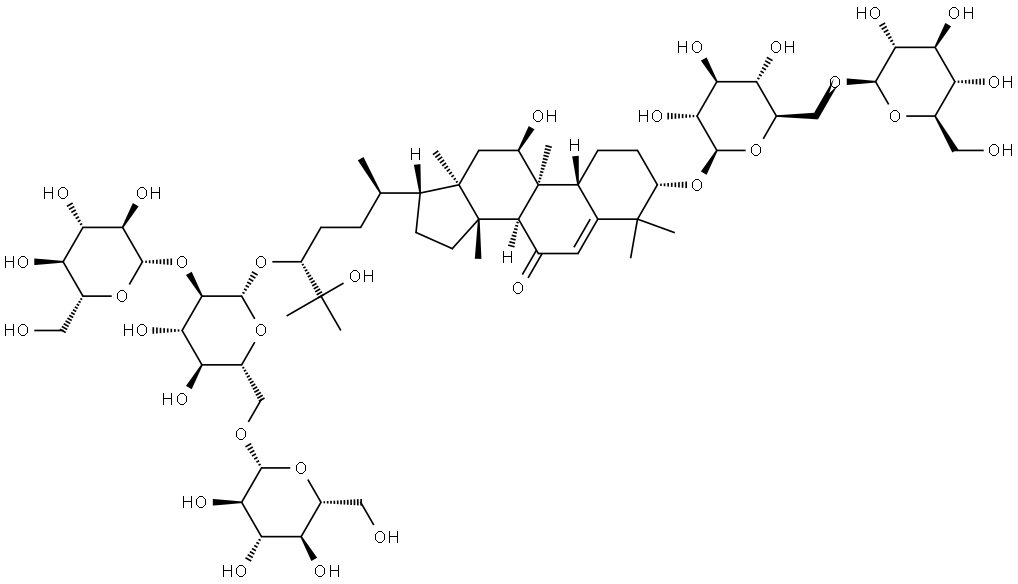 19-Norlanost-5-en-7-one, 24-[(O-β-D-glucopyranosyl-(1→2)-O-[β-D-glucopyranosyl-(1→6)]-β-D-glucopyranosyl)oxy]-3-[(6-O-β-D-glucopyranosyl-β-D-glucopyranosyl)oxy]-11,25-dihydroxy-9-methyl-, (3β,9β,10α,11α,24R)- Structure