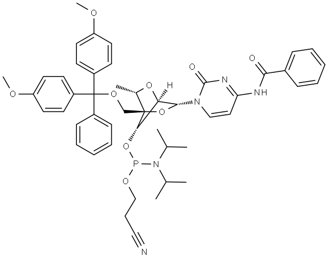 Benzamide, N-[1-[2,5-anhydro-4-C-[[bis(4-methoxyphenyl)phenylmethoxy]methyl]-3-O-[[bis(1-methylethyl)amino](2-cyanoethoxy)phosphino]-6-deoxy-α-L-mannofuranosyl]-1,2-dihydro-2-oxo-4-pyrimidinyl]- Structure