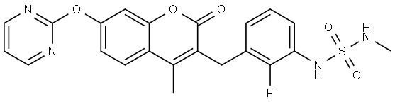 Sulfamide, N-[2-fluoro-3-[[4-methyl-2-oxo-7-(2-pyrimidinyloxy)-2H-1-benzopyran-3-yl]methyl]phenyl]-N′-methyl- Structure