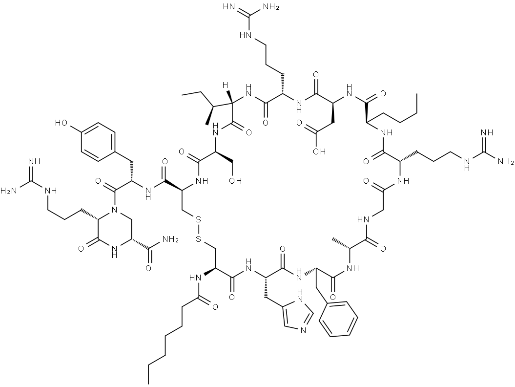 2-Piperazinecarboxamide, N4-[N-(1-oxoheptyl)-L-cysteinyl-L-histidyl-L-phenylalanyl-D-alanylglycyl-L-arginyl-D-norleucyl-L-α-aspartyl-L-arginyl-L-isoleucyl-L-seryl-L-cysteinyl-L-tyrosyl]-5-[3-[(aminoiminomethyl)amino]propyl]-6-oxo-, cyclic (1→12)-disulfide, (2R,5S)- Structure