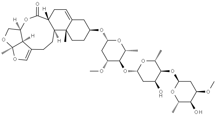 6H-2,3,5-Trioxapentaleno[1′,6′:5,6,7]cyclonona[1,2-a]naphthalen-6-one, 10-[(O-2,6-dideoxy-3-O-methyl-α-L-ribo-hexopyranosyl-(1→4)-O-2,6-dideoxy-β-D-ribo-hexopyranosyl-(1→4)-2,6-dideoxy-3-O-methyl-β-D-arabino-hexopyranosyl)oxy]-2a,4,4a,6a,7,9,10,11,12,12a,12b,13,14,14b-tetradecahydro-2a,12a-dimethyl-, (2aR,4aS,6aR,10S,12aR,12bS,14bR)- Structure