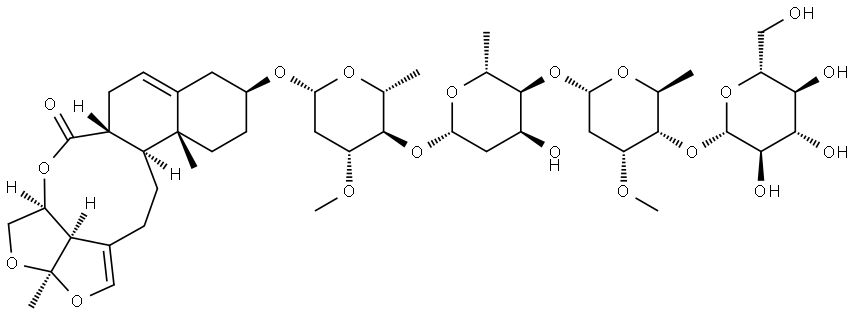 6H-2,3,5-Trioxapentaleno[1′,6′:5,6,7]cyclonona[1,2-a]naphthalen-6-one, 10-[(O-β-D-glucopyranosyl-(1→4)-O-2,6-dideoxy-3-O-methyl-α-L-ribo-hexopyranosyl-(1→4)-O-2,6-dideoxy-β-D-ribo-hexopyranosyl-(1→4)-2,6-dideoxy-3-O-methyl-β-D-arabino-hexopyranosyl)oxy]-2a,4,4a,6a,7,9,10,11,12,12a,12b,13,14,14b-tetradecahydro-2a,12a-dimethyl-, (2aR,4aS,6aR,10S,12aR,12bS,14bR)- Structure