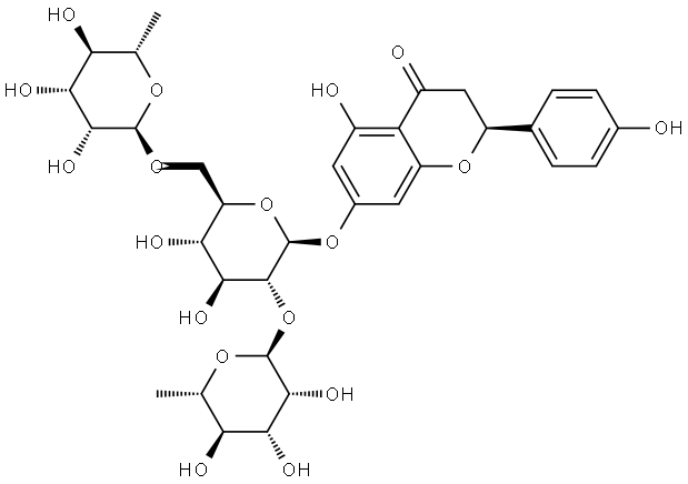 4H-1-Benzopyran-4-one, 7-[(O-6-deoxy-α-L-mannopyranosyl-(1→2)-O-[6-deoxy-α-L-mannopyranosyl-(1→6)]-β-D-glucopyranosyl)oxy]-2,3-dihydro-5-hydroxy-2-(4-hydroxyphenyl)-, (2S)- Structure