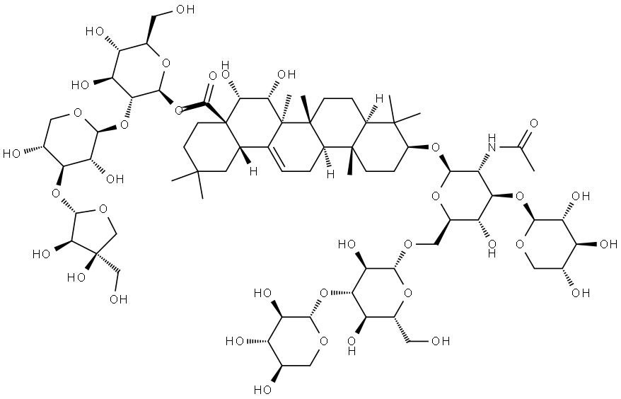 Olean-12-en-28-oic acid, 15,16-dihydroxy-3-[[O-β-D-xylopyranosyl-(1→3)-O-β-D-glucopyranosyl-(1→6)-O-[β-D-xylopyranosyl-(1→3)]-2-(acetylamino)-2-deoxy-β-D-glucopyranosyl]oxy]-, O-D-apio-β-D-furanosyl-(1→3)-O-β-D-xylopyranosyl-(1→2)-β-D-glucopyranosyl ester, (3β,15α,16α)- 구조식 이미지
