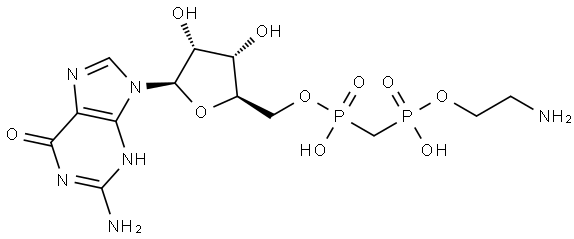 ((2R,3S,4R,5R)-5-(2-amino-6-oxo-1,6-dihydro-9H-purin-9-yl)-3,4-dihydroxytetrahydrofuran-2-yl)methyl hydrogen (((2-aminoethoxy)(hydroxy)phosphoryl)methyl)phosphonate 구조식 이미지