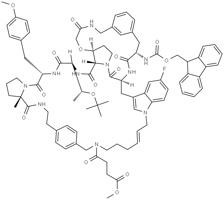 L-Proline, N-[(9H-fluoren-9-ylmethoxy)carbonyl]-3-[[(2-hydroxyacetyl)amino]methyl]-L-phenylalanyl-1-[(2E)-6-[[[4-(2-aminoethyl)phenyl]methyl](4-methoxy-1,4-dioxobutyl)amino]-2-hexen-1-yl]-5-fluoro-L-tryptophyl-(3S)-3-hydroxy-L-prolyl-O-(1,1-dimethylethyl)-L-threonyl-O-methyl-L-tyrosyl-2-methyl-, (6→2)-lactam, cyclic (1→3)-ether 구조식 이미지