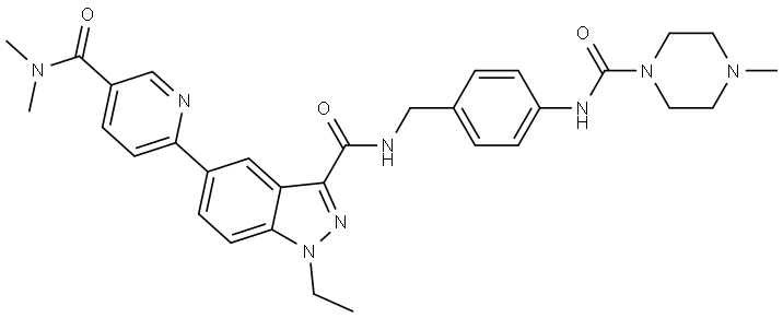 1H-Indazole-3-carboxamide, 5-[5-[(dimethylamino)carbonyl]-2-pyridinyl]-1-ethyl-N-[[4-[[(4-methyl-1-piperazinyl)carbonyl]amino]phenyl]methyl]- Structure