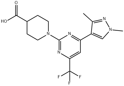 1-[4-(1,3-Dimethyl-1H-pyrazol-4-yl)-6-(trifluoromethyl)pyrimidin-2-yl]piperidine-4-carboxylic acid 구조식 이미지