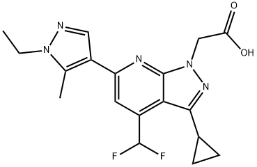 [3-Cyclopropyl-4-(difluoromethyl)-6-(1-ethyl-5-methyl-1H-pyrazol-4-yl)-1H-pyrazolo[3,4-b]pyridin-1-yl]acetic acid 구조식 이미지
