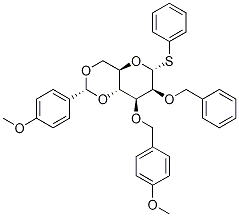 a-D-Mannopyranoside, phenyl 3-O-[(4-Methoxyphenyl)Methyl]-4,6-O-[(R)-(4-Methoxyphenyl)Methylene]-2-O-(phenylMethyl)-1-thio- 구조식 이미지