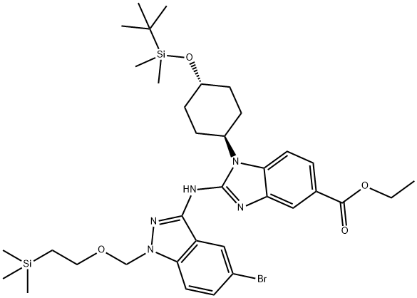1H-BenziMidazole-5-carboxylic acid, 2-[[5-broMo-1-[[2-(triMethylsilyl)ethoxy]Methyl]-1H-indazol-3-yl]aMino]-1-[trans-4-[[(1,1-diMethylethyl)diMethylsilyl]oxy]cyclohexyl]-, ethyl ester 구조식 이미지