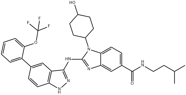 1-(4-Hydroxycyclohexyl)-2-[[5-(2-trifluoromethoxyphenyl)-1H-indazol-3-yl]amino]-1H-benzimidazole-5-carboxylic acid (3-methylbutyl)amide 구조식 이미지