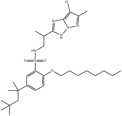 N-[2-(7-Chloro-6-methyl-1H-pyrazolo[1,5-b][1,2,4]triazol-2-yl)propyl]-2-octyloxy-5-(1,1,3,3-tetramethylbutyl)benzenesulfonamide 구조식 이미지