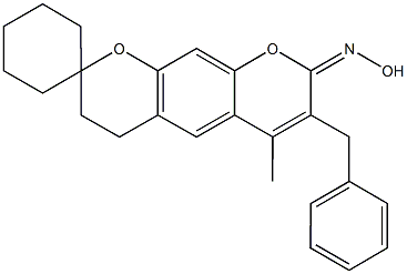 7'-Benzyl-6'-methyl-3',4'-dihydro-8'H-spiro[cyclohexane-1,2'-pyrano[3,2-g]chromen]-8'-one oxim 구조식 이미지