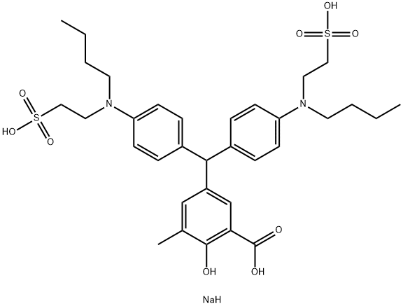2-Hydroxy-5-[bis[4-[N-butyl-N-(2-sodiosulfoethyl)amino]phenyl]methyl]-3-methylbenzoic acid 구조식 이미지