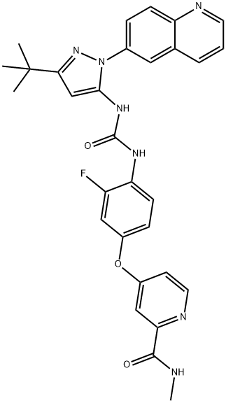 1020172-07-9 N-[3-tert-Butyl-1-(quinolin-6-yl)-1H-pyrazol-5-yl]-N'-[2-fluoro-4-[(2-(methylcarbamoyl)pyridin-4-yl)oxy]phenyl]urea