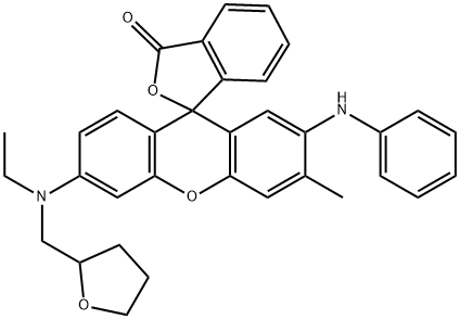 6'-[Ethyl[(tetrahydrofuran-2-yl)methyl]amino]-3'-methyl-2'-anilinospiro[isobenzofuran-1(3H),9'-[9H]xanthene]-3-one 구조식 이미지