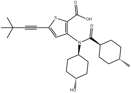 5-(3,3-diMethylbut-1-yn-1-yl)-3-(N-(4-hydroxycyclohexyl)-4-MethylcyclohexanecarboxaMido)thiophene-2-carboxylic acid 구조식 이미지