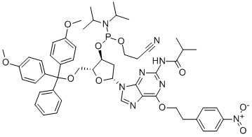 (2R,3S,5R)-2-((BIS(4-METHOXYPHENYL)(PHENYL)METHOXY)METHYL)-5-(2-ISOBUTYRAMIDO-6-(4-NITROPHENETHOXY)-9H-PURIN-9-YL)TETRAHYDROFURAN-3-YL 2-CYANOETHYL DIISOPROPYLPHOSPHORAMIDITE 구조식 이미지