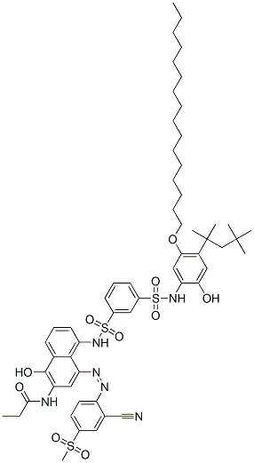 3-[8-[2-Cyano-4-(methylsulfonyl)phenylazo]-5-hydroxy-6-(propionylamino)-1-naphtylaminosulfonyl]-N-[5-hexadecyloxy-2-hydroxy-4-(1,1,3,3-tetramethylbutyl)phenyl]benzenesulfonamide 구조식 이미지