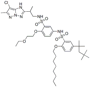 N-[3-[N-[2-(7-Chloro-6-methyl-1H-pyrazolo[1,5-b][1,2,4]triazol-2-yl)propyl]aminosulfonyl]-4-(2-ethoxyethoxy)phenyl]-2-octyloxy-5-(1,1,3,3-tetramethylbutyl)benzenesulfonamide 구조식 이미지