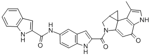 1H-Indole-2-carboxamide, N-(2-((4,5,8,8a-tetrahydro-7-methyl-4-oxocycl opropa(C)pyrrolo(3,2-e)indol-2(1H)-yl)carbonyl)-1H-indol-5-yl)-, (+-)- 구조식 이미지