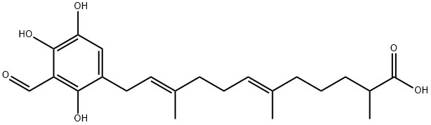 (6E,10E)-12-(3-Formyl-2,4,5-trihydroxyphenyl)-2,6,10-trimethyl-6,10-dodecadienoic acid 구조식 이미지