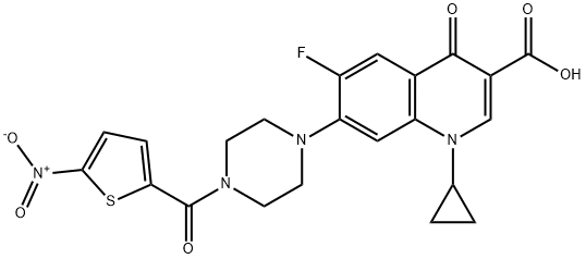 3-Quinolinecarboxylic acid, 1-cyclopropyl-6-fluoro-1,4-dihydro-7-[4-[(5-nitro-2-thienyl)carbonyl]-1-piperazinyl]-4-oxo- 구조식 이미지