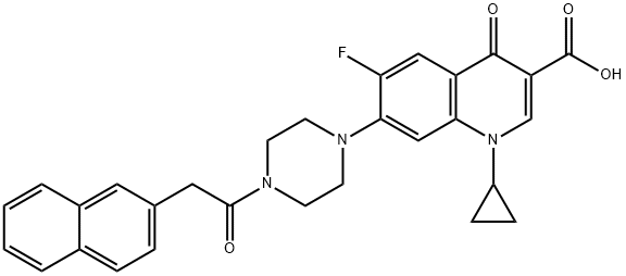 3-Quinolinecarboxylic acid, 1-cyclopropyl-6-fluoro-1,4-dihydro-7-[4-[2-(2-naphthalenyl)acetyl]-1-piperazinyl]-4-oxo- 구조식 이미지