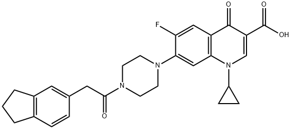 3-Quinolinecarboxylic acid, 1-cyclopropyl-7-[4-[2-(2,3-dihydro-1H-inden-5-yl)acetyl]-1-piperazinyl]-6-fluoro-1,4-dihydro-4-oxo- 구조식 이미지