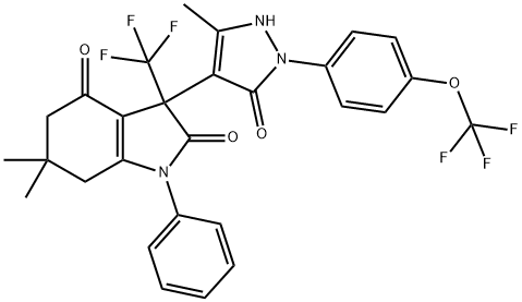 1H-INDOLE-2,4-DIONE, 3-[2,5-DIHYDRO-3-METHYL-5-OXO-1-[4-(TRIFLUOROMETHOXY)PHENYL]-1H-PYRAZOL-4-YL]-3,5,6,7-TETRAHYDRO-6,6-DIMETHYL-1-PHENYL-3-(TRIFLUOROMETHYL)- 구조식 이미지