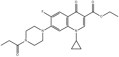 3-Quinolinecarboxylic acid, 1-cyclopropyl-6-fluoro-1,4-dihydro-4-oxo-7-[4-(1-oxopropyl)-1-piperazinyl]-, ethyl ester 구조식 이미지