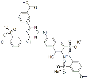 3-Carboxy-1-[4-[(4-chloro-3-sulfophenyl)amino]-6-[[5-hydroxy-6-[(4-methoxy-2 -sulfophenyl)azo]-7-sulfo-2-naphthalenyl]amino]-1,3,5-triazin-2-yl]-pyridinium, inner salt, potassium sodium salt Structure